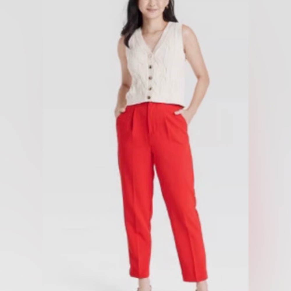 a new day Women's Bright Red Trousers Size 16 Ankle Length Pockets Zipper